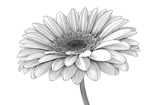 Detailed black and white drawing of a gerbera daisy flower isolated on transparent background. Line art gerbera daisy flower illustration detail isolated on white background.