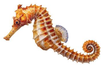 Obraz premium Orange and white seahorse swimming isolated on transparent background. Orange seahorse with detailed segmented body and tail isolated on white background.