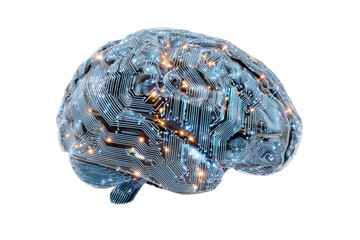 Abstract digital brain with glowing connections isolated on transparent background. Digital brain with glowing circuits, representing ai isolated on white background.