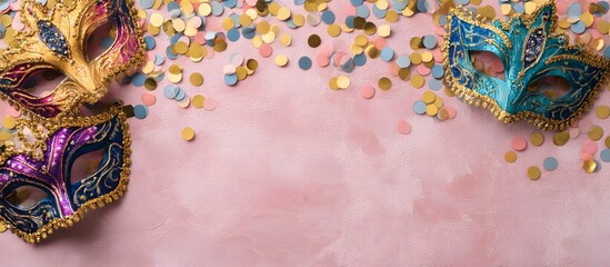 Pink background with carnival masks and confetti, copy space