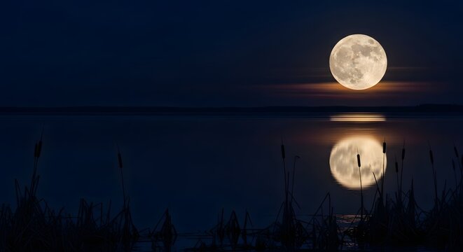 Captivating Worm moon concept showing a luminous full moon and its perfect reflection on still lake water at dusk