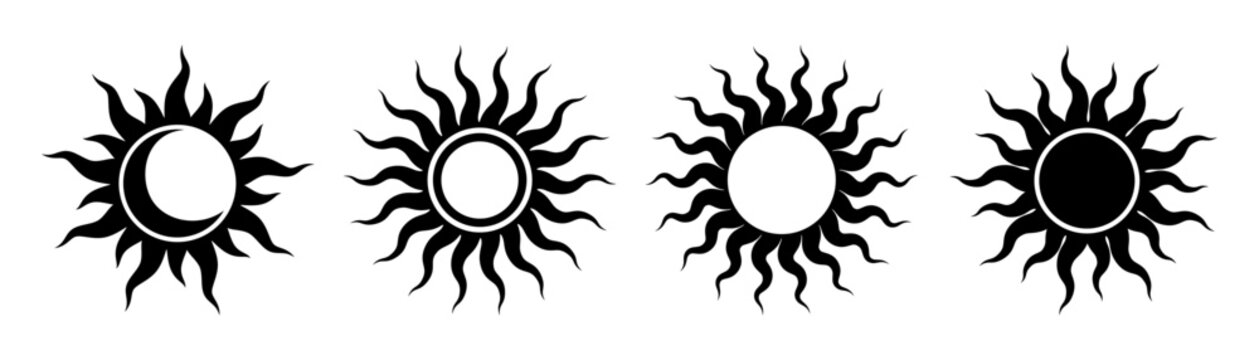 Tribal sun and moon symbol. Tattoo design. Star graphic geometric shape. Mystic black sun icon. Traditional ethnic art design element. Vector illustration isolated on white background.