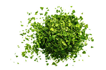 Pile of finely chopped fresh parsley isolated on transparent background. Pile of chopped fresh green parsley herbs isolated on white background.