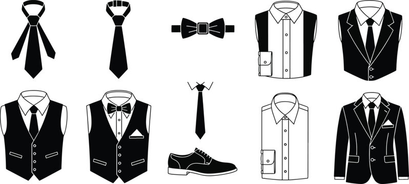 Business men formal attire fashion accessories vector icons set