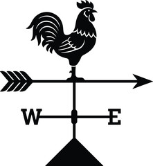 Minimal vector silhouette of a rooster weathervane with directional arrows (W, E) and an arrow pointing forward, solid black, isolated on a white background. © Saruf