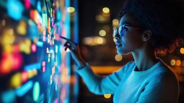 A woman wearing glasses interacts with a colorful, illuminated wall, likely a tech interface