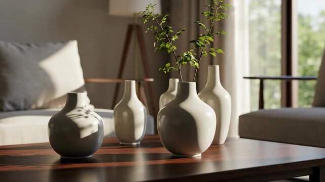 White Ceramic Vases with Greenery on a Dark Wood Table