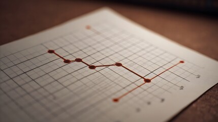 Red line graph illustrating trends and data points on a grid paper viewed from an angle on a wooden table