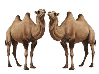 Two camels standing side by side with humps and long necks, facing forward against a plain background isolated on transparent background
