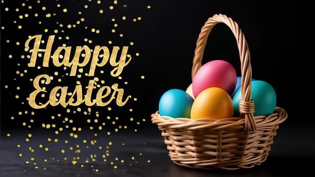 Colorful Easter eggs in a wicker basket on black background