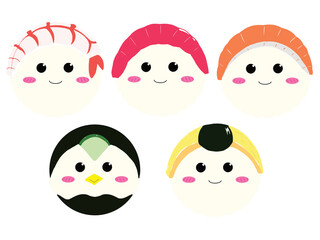 Obraz premium Cute sushi characters in circular badge style