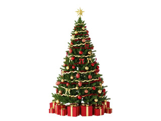 Fototapeta premium Decorated christmas tree with ornaments and gifts, festive holiday decoration for celebration and winter season isolated on transparent background