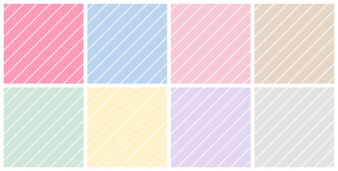 細い白線とカラフルな線の斜めストライプのシームレスパターンセット　パステルカラーの斜め縞模様の背景画像ベクターイラスト