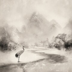 Fototapeta premium Serene monochrome landscape with crane, misty mountains, meandering river, and sparse trees