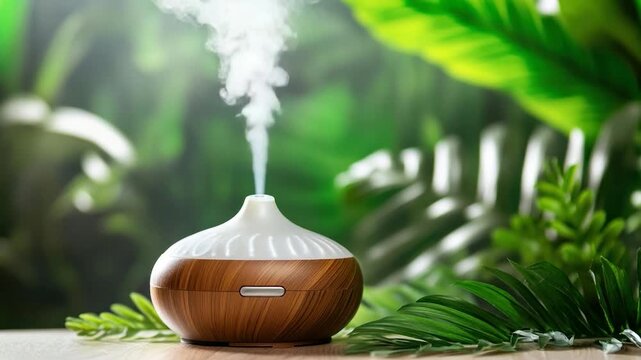 A wooden essential oil diffuser emits vapor, set against a backdrop of lush green leaves