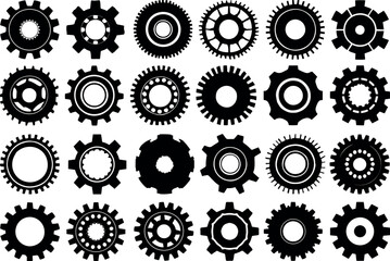 Assortment of Black Gear Silhouettes Keywords: gear, cogwheel, cog, wheel, mechanical