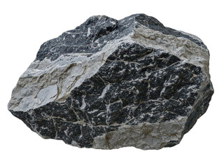 Large rough textured gray and black rock with natural patterns and jagged edges isolated on transparent background