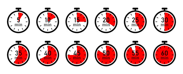Collection of stopwatch showing different time intervals from 5 to 60 minutes