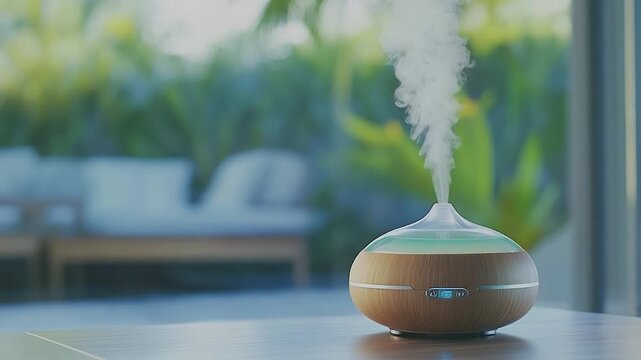 A wood-grained aromatherapy diffuser expels steam on a wooden table, blurred outdoor background