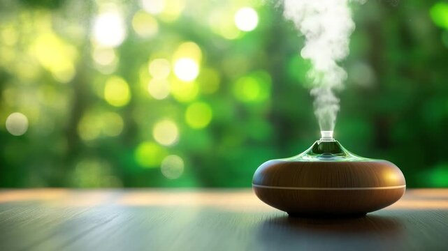 An aromatherapy diffuser expels vapor against a blurry, green, sunlit backdrop