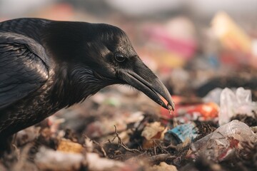 Obraz premium Raven scavenging food scraps in urban garbage environment