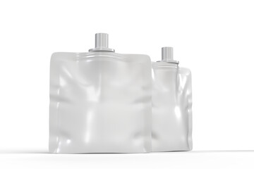 Obraz premium Blank white spout pouch mockup isolated on background. Realistic 3D render of flexible plastic squeeze packaging for liquid products like juice, sauce, refill packs, food, beverage, cosmetic packaging