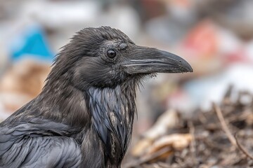 Obraz premium Close-up portrait of raven in polluted landfill area