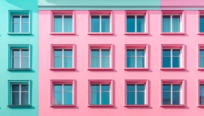 Obraz premium Perfectly symmetrical front-on flat photograph of a whimsical building facade with playful architectural details. Semi-realistic scene emphasizing balance, color, and imaginative design. 