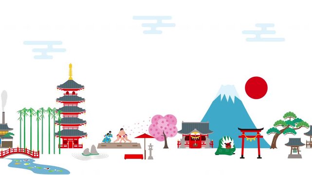 日本の富士山と青海波と四季の風景・風物詩・行事のイラスト動画