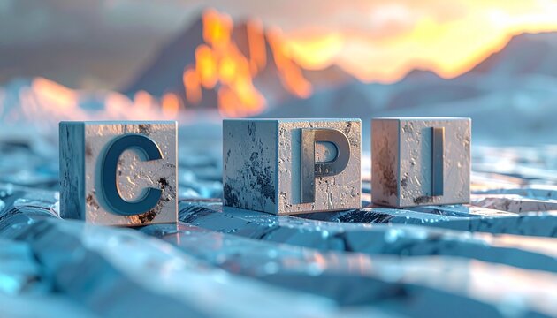 CPI inflation concept with bold 3D letters on icy blocks in dramatic fiery sunset background