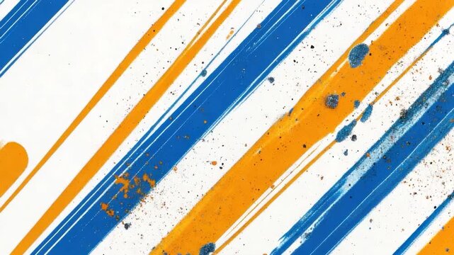 Abstract artwork featuring angled blue and orange paint strokes with subtle speckles on a white background