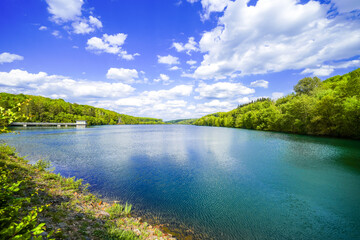 View of the landscape at the Gro&szlig;e Dh&uuml;nn reservoir. Nature in the Bergisches Land region near Wermelskirchen and Bergisch Gladbach.
