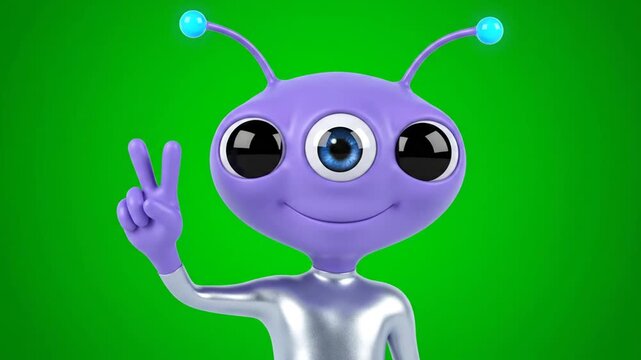 A purple cartoon alien with one large eye and antennae making a peace sign on a green background with a metallic body and large black eyes.