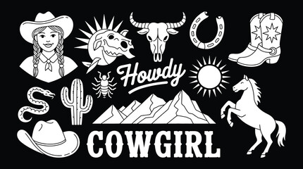 Western cowboy and cowgirl themed doodle art with horse and skull vector illustration