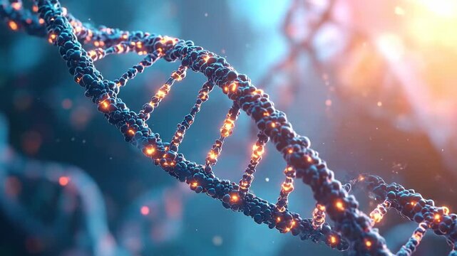 Abstract DNA molecule structure with glowing particles, representing genetic research and biotechnology.