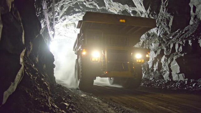A large truck exits a mining tunnel, lights ablaze in the dust and illuminating the rocky walls