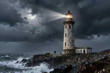 Obraz premium Lighthouse in Stormy Sea at Night with Dramatic Sky
