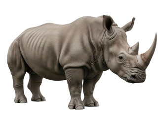 Obraz premium Large adult rhinoceros standing on grass with textured skin and prominent horn in natural environment isolated on transparent background