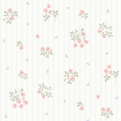 seamless floral pattern, ditsy flower textile pattern, small fabric print in elegant style on stripe background, timeless floral, sage green ditsy flower. surface design for wallpaper, fabric, fashion © kurapika