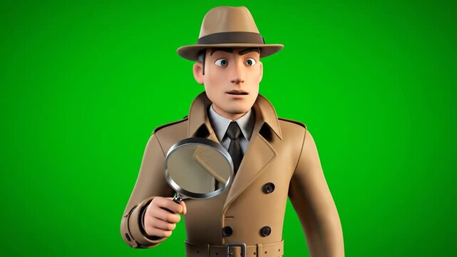 Cartoon detective in a trench coat and fedora holding a magnifying glass against a green background with a serious expression.