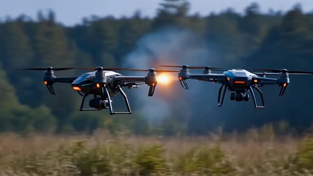 Close-range side shot of two drones circling, one launching micro-jammer burst, 8K, 2026