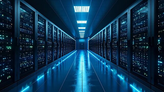 A data center hallway bathed in blue light, filled with servers, leading to a door