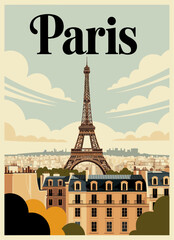 Retro travel poster of Paris featuring the Eiffel Tower above Haussmann rooftops, cream sky, muted blues and olives, flat vector mid-century modern tourism style.