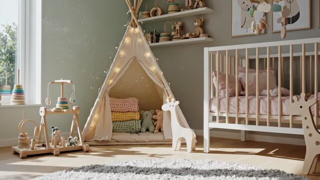 A nursery room with a crib, teepee, and various toys on shelves and the floor with a window