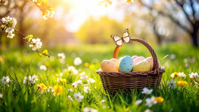Wicker basket filled with colorful Easter eggs rests in a sunny meadow with blooming flowers and a butterfly