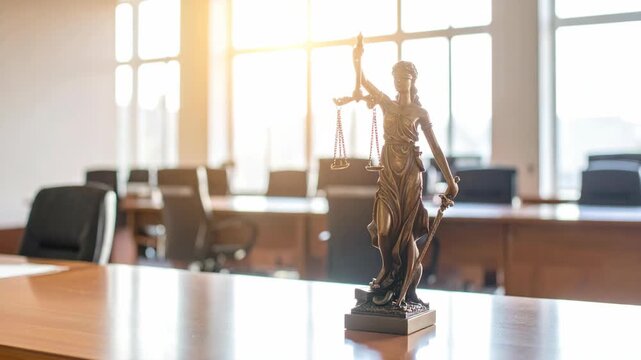 Justice statue holding scales and sword in a sunlit courtroom with chairs and table