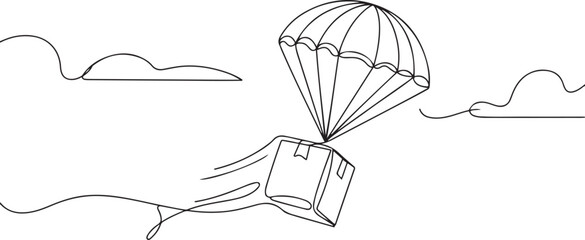 Fototapeta premium Single continuous line drawing box package flies through the sky using parachute. Online delivery service. Fast delivery parcel concept. one line Icon drawing