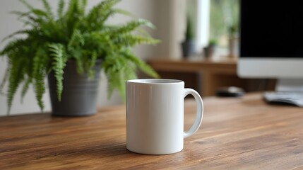Fototapeta premium A white mug sits on a wooden desk next to a potted plant and a computer setup