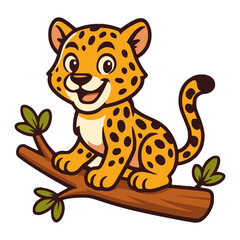 Leopard Cub on Branch: A charming leopard cub perched playfully on a branch. Capturing its adorable features and innocent expression in a cute and playful illustration.