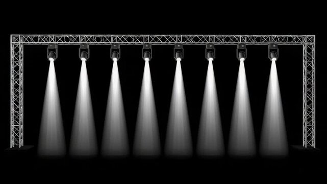 Stage lighting truss with multiple spotlights illuminating the darkness